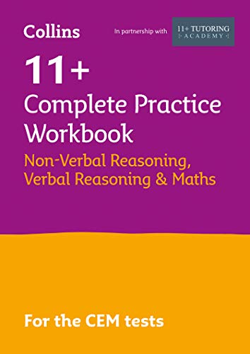 Purple and yellow cover of "11+ Complete Practice Workbook" for CEM tests.