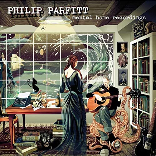 "Album cover art: surreal room scene with woman, man, and octopus, surrounded by books."