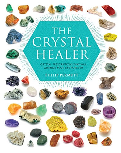 Book cover titled The Crystal Healer surrounded by a variety of colorful raw crystals.