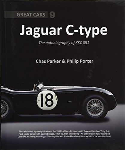 Book cover featuring a black Jaguar C-type racing car with number 18 on a dark background.