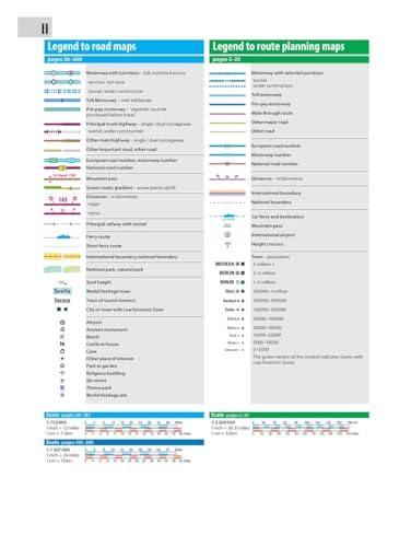 A reference page showing map legends for road types, symbols, and distance scales.
