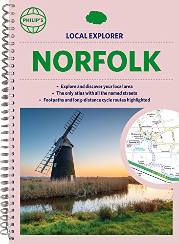 Spiral-bound Philip's Norfolk street atlas with a cover image of a windmill and map.