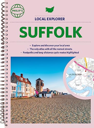 Spiral-bound Philip's Suffolk street atlas cover with a coastal town photo and map inset.