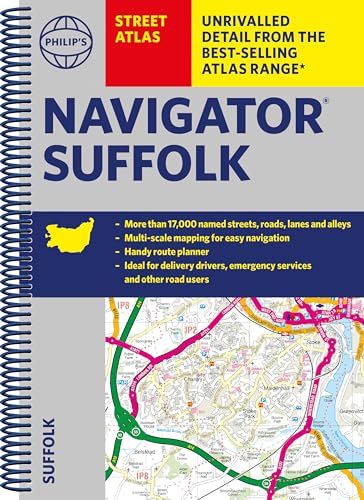 Spiral-bound Philip's Navigator Street Atlas of Suffolk with a map snippet on the cover.