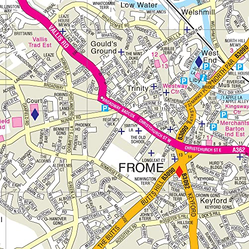 Detailed road map of Frome, Somerset, with key roads highlighted.