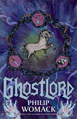 Book cover: “Ghostlord” with a rearing horse and ornate, dark floral design.