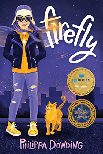 Book cover: girl with orange cat, city skyline, and "Firefly" title.