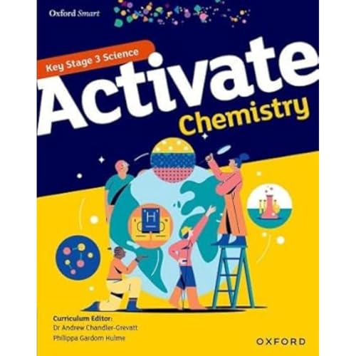 Chemistry textbook cover with illustrated figures and colorful science imagery.