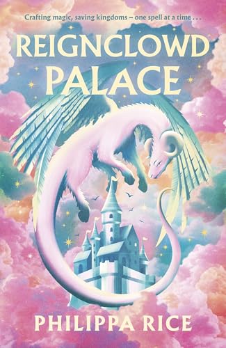 Book cover: pink dragon flying over a castle in the clouds.