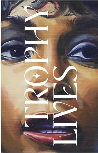 Painted portrait of a face with large eyes and bold white text.