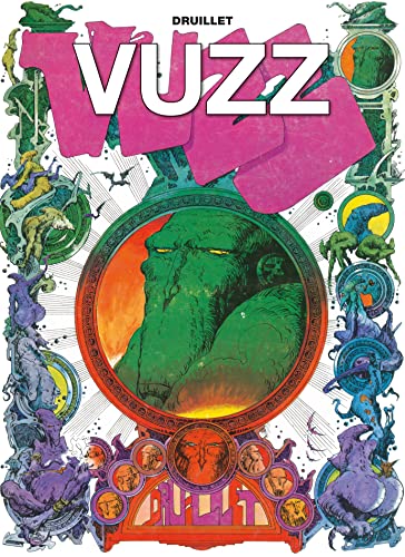 Vuzz" book cover: green-skinned face in ornate orange frame, colorful abstract design.