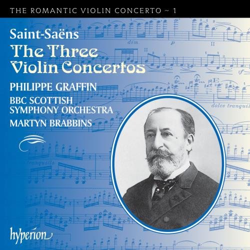 CD cover featuring composer Saint-Saëns’ portrait over musical score background.