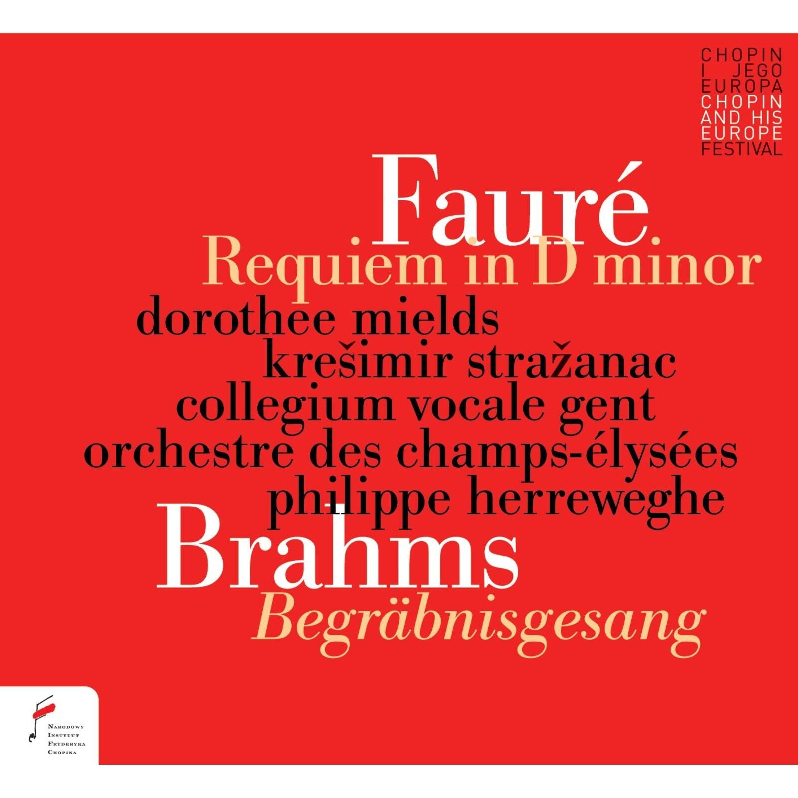 CD cover: red background with “Fauré Requiem” and “Brahms Begräbnisgesang” text.