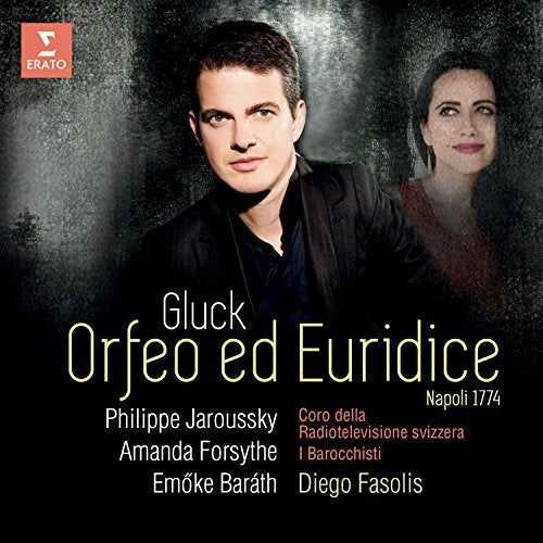 Man and woman on dark background with text about an opera performance.