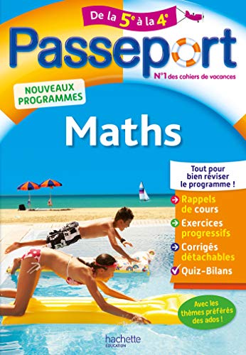 Blue "Passport Maths" textbook cover with children swimming at the beach.