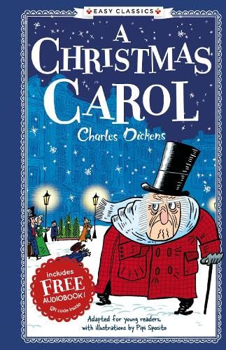 Book cover for A Christmas Carol featuring an illustration of Scrooge in the snow.