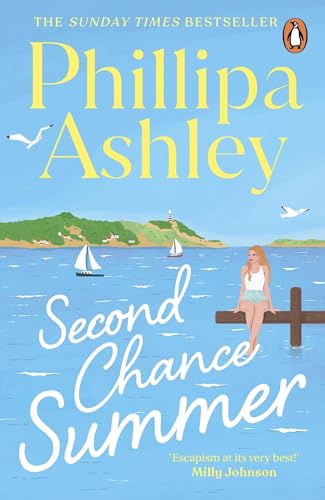 Book cover: woman on pier, sailboats, coastal landscape, blue sky.
