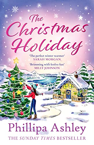 Book cover: woman decorating a Christmas tree in a snowy landscape.