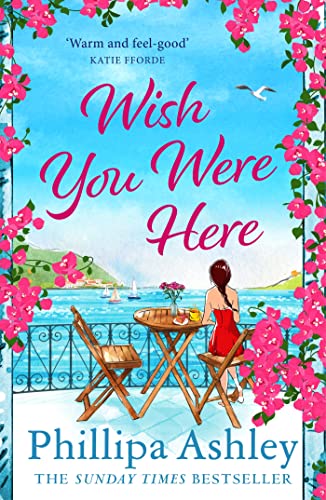 Book cover: woman in red at a seaside cafe, floral border.
