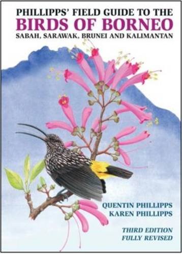 Book cover: "Philipps' Field Guide to the Birds of Borneo" with a bird.