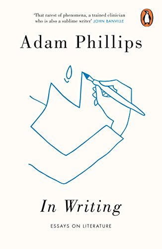 Book cover of In Writing by Adam Phillips featuring a blue line drawing of writing.