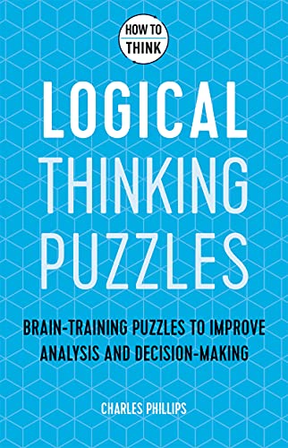 Book cover with large white text: "Logical Thinking Puzzles" on a blue geometric background.