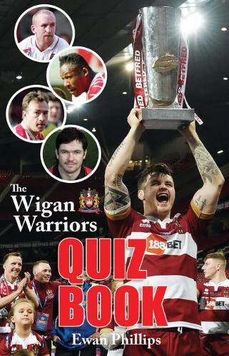 The Wigan Warriors Quiz Book" cover with rugby players and a trophy.