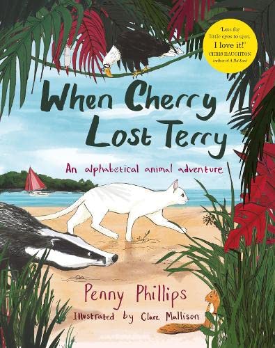 Book cover: a white cat, badger, and bird amidst tropical foliage.