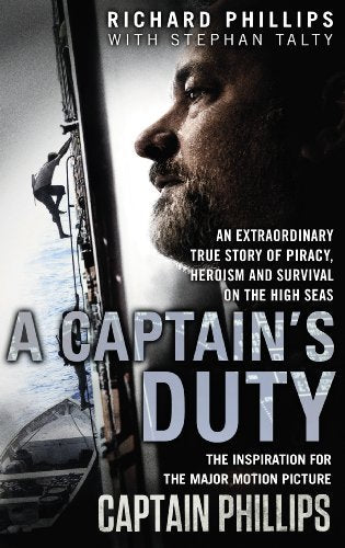 Book cover: Captain Phillips' "A Captain's Duty" with a man climbing a ladder.