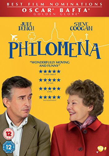 DVD cover for Philomena featuring Judi Dench and Steve Coogan against a yellow background.