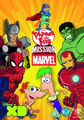 Phineas & Ferb with Marvel superheroes on DVD cover art.