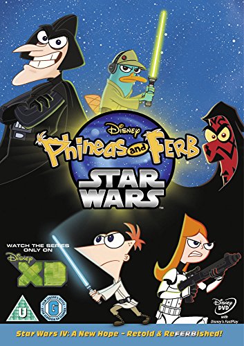 Phineas and Ferb characters dressed as Star Wars figures on a DVD cover.