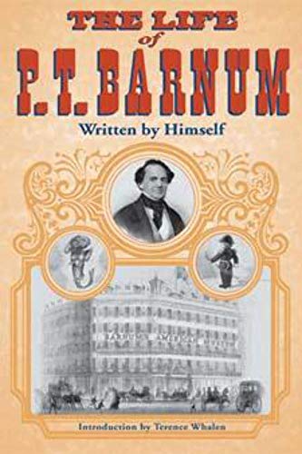 Book cover for “The Life of P.T. Barnum” with portrait and illustrations.