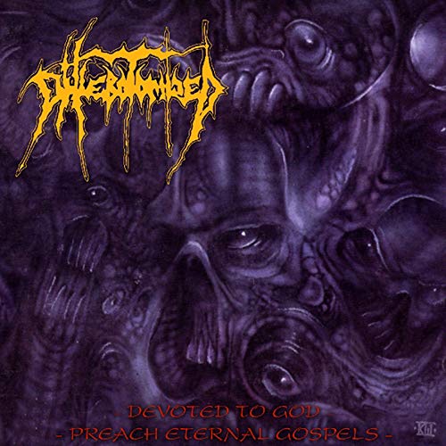 Album cover with purple surrealist faces and yellow jagged band and album text.