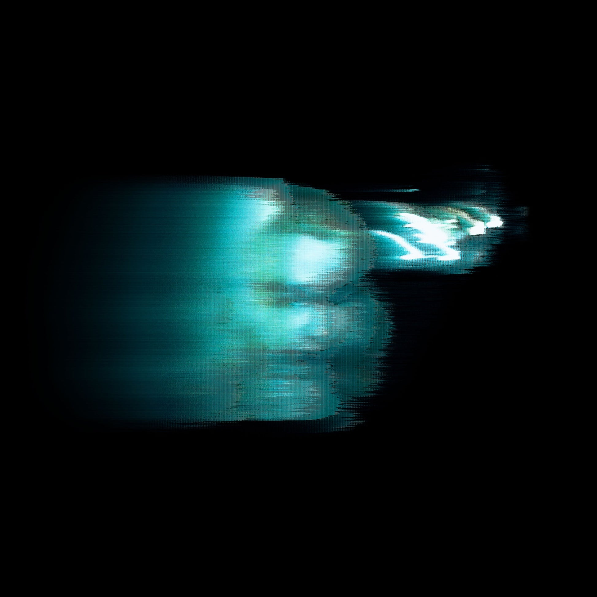 A motion-blurred, teal-tinted portrait of a person’s face against a solid black background.