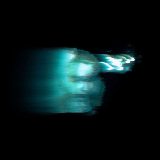 A motion-blurred, teal-tinted portrait of a person’s face against a solid black background.