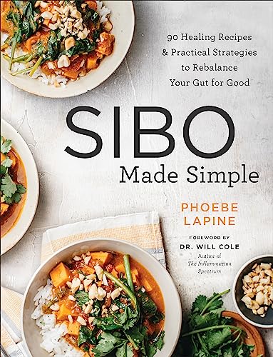 Book cover with food photography and large text reading "SIBO Made Simple".