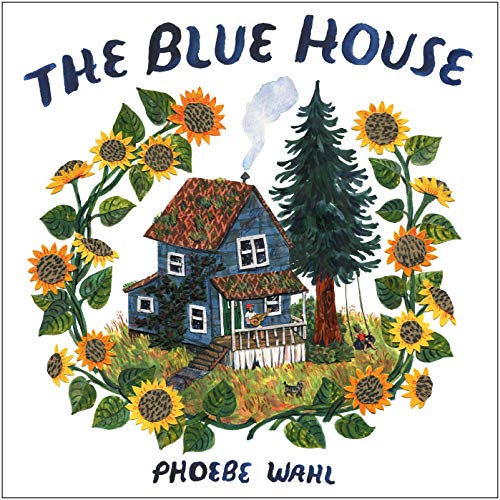 Painted illustration of a blue house surrounded by sunflowers and greenery.
