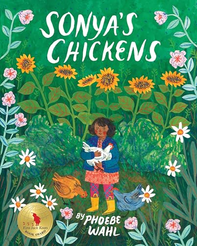 A girl holding a chicken stands in a garden with sunflowers and other chickens.