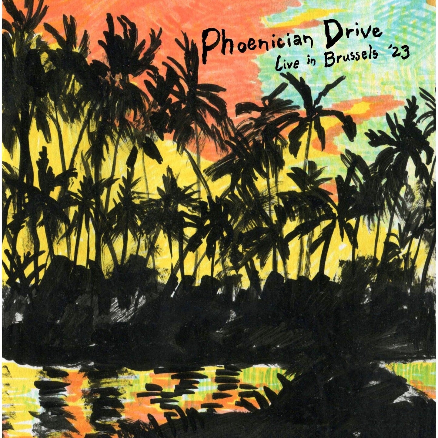 Vinyl record cover: Silhouetted palm trees against a colorful sunset.