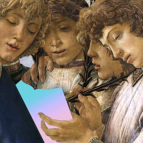 Renaissance-style painting of three figures holding a bright blue and pink gradient paper.