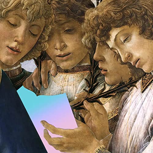 Renaissance-style painting of three figures holding a bright blue and pink gradient square.