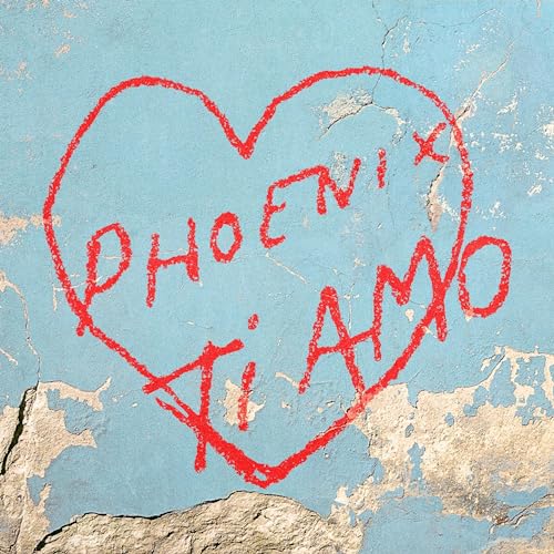 Red handwritten "Phoenix - Ti Amo" inside a heart on blue textured wall.
