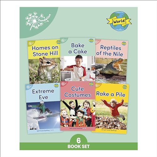 Six children’s books with animal and kid illustrations, labeled “Dandelion World.”