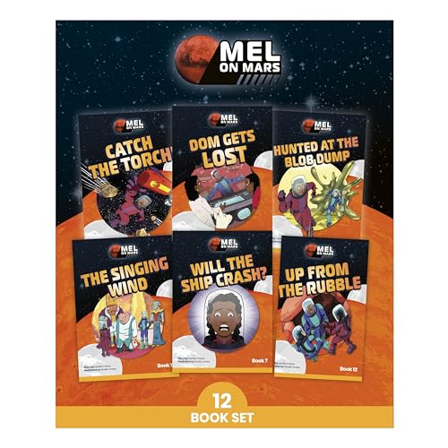 Six children’s books with space themes and a red planet background.