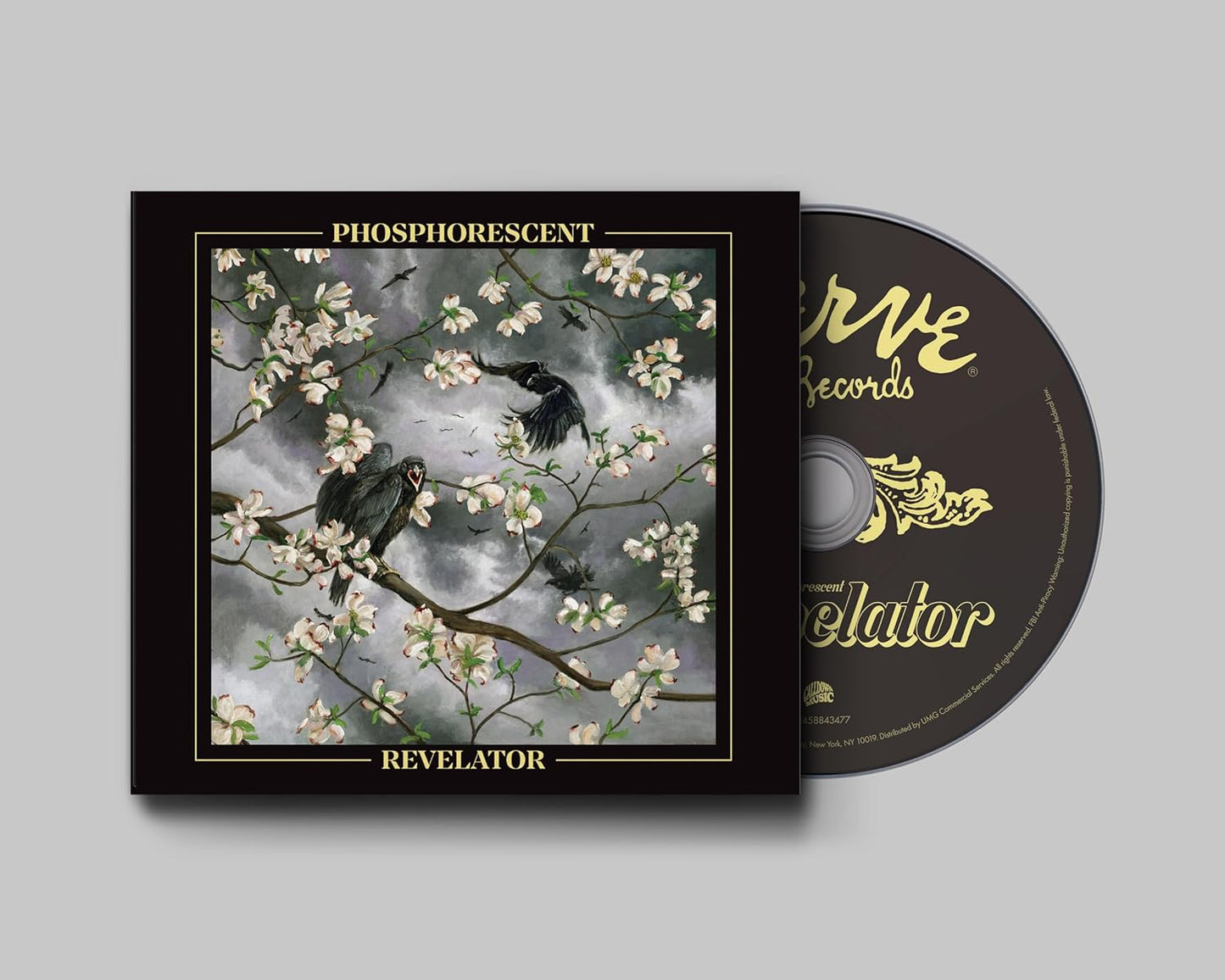 CD cover: black background with a raven among blossoming branches.