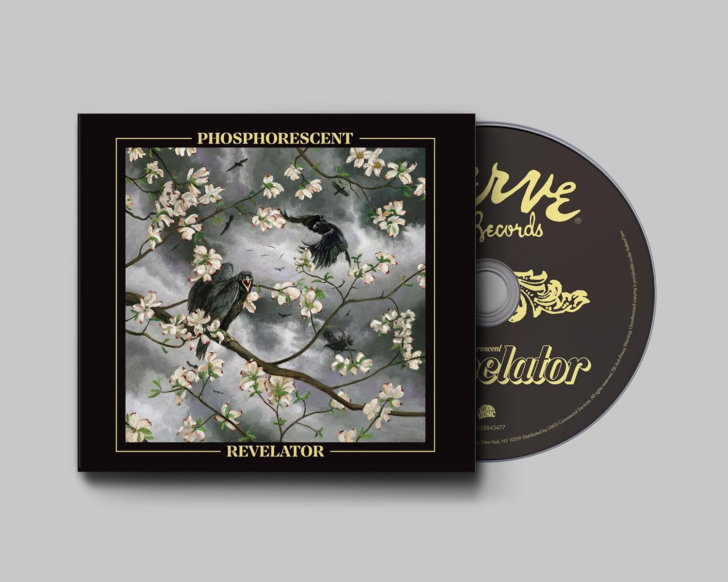 CD cover: black background with a raven among blossoming branches.