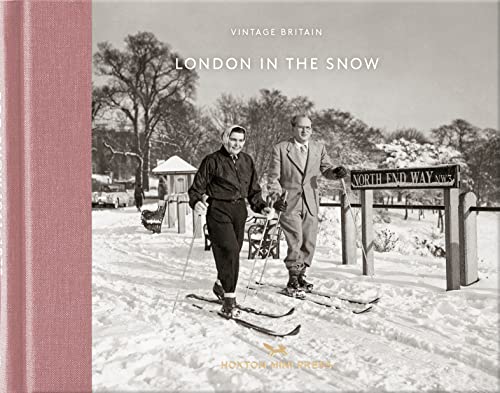 Book cover: snowy London street scene with a couple on skis.