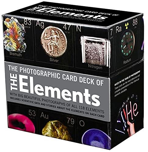 Card deck showcasing colorful photographs of chemical elements from the periodic table.