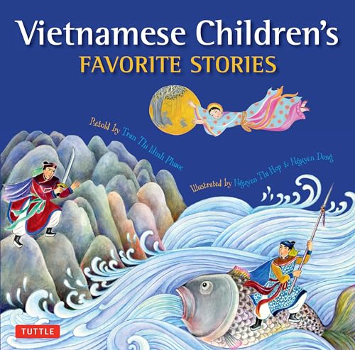 Book cover with colorful illustrations of Vietnamese folklore characters and a fish.